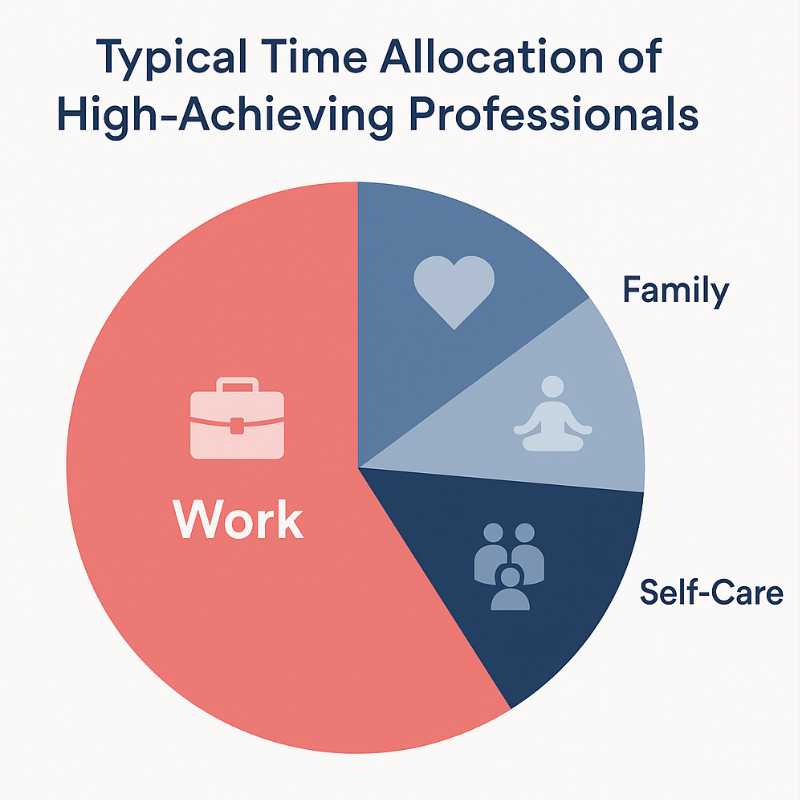 Pie chart illustrating time allocation between work, family, self-care, and social life for high achievers. Pie chart illustrating time allocation between work, family, self-care, and social life for high achievers.