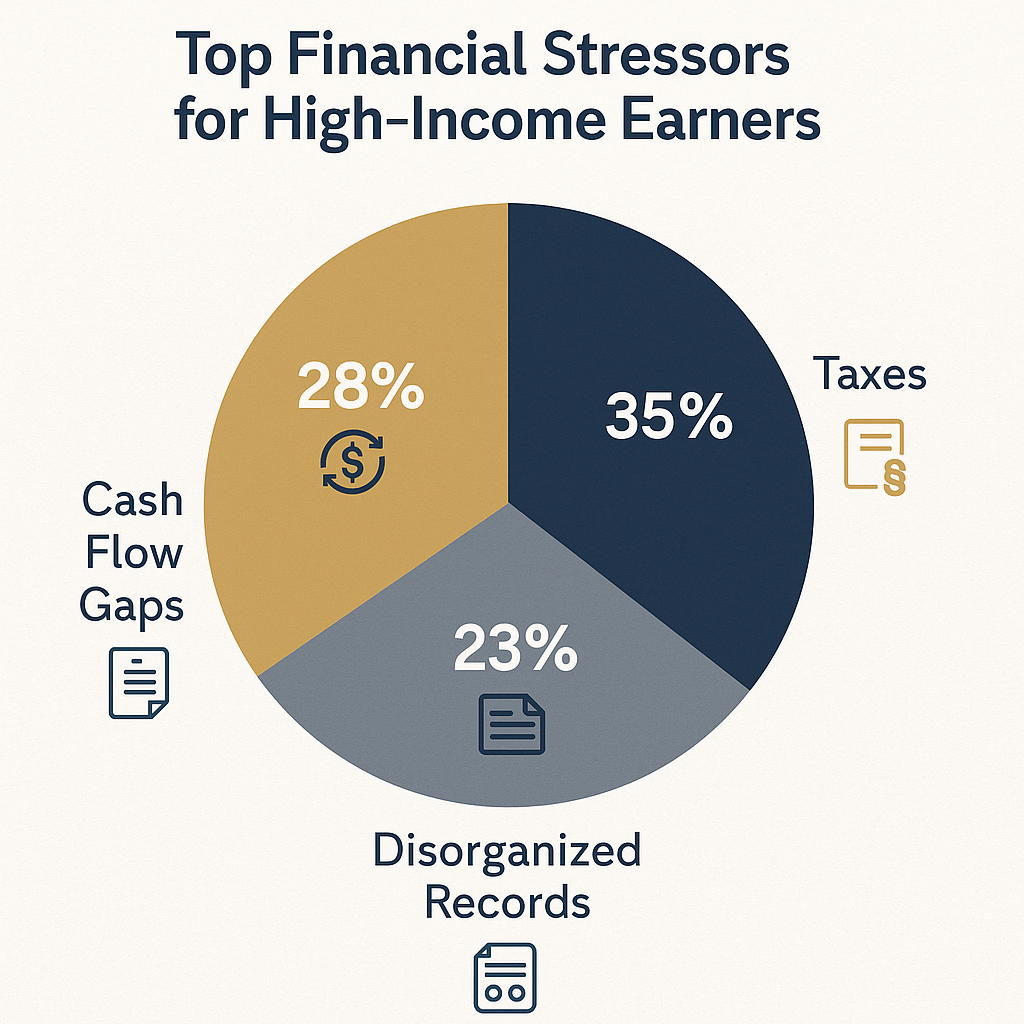 Even high earners face hidden financial stress—these are the top culprits. Pie chart showing top financial stressors for high-income earners: taxes, cash flow gaps, disorganized records, and unaligned goals.