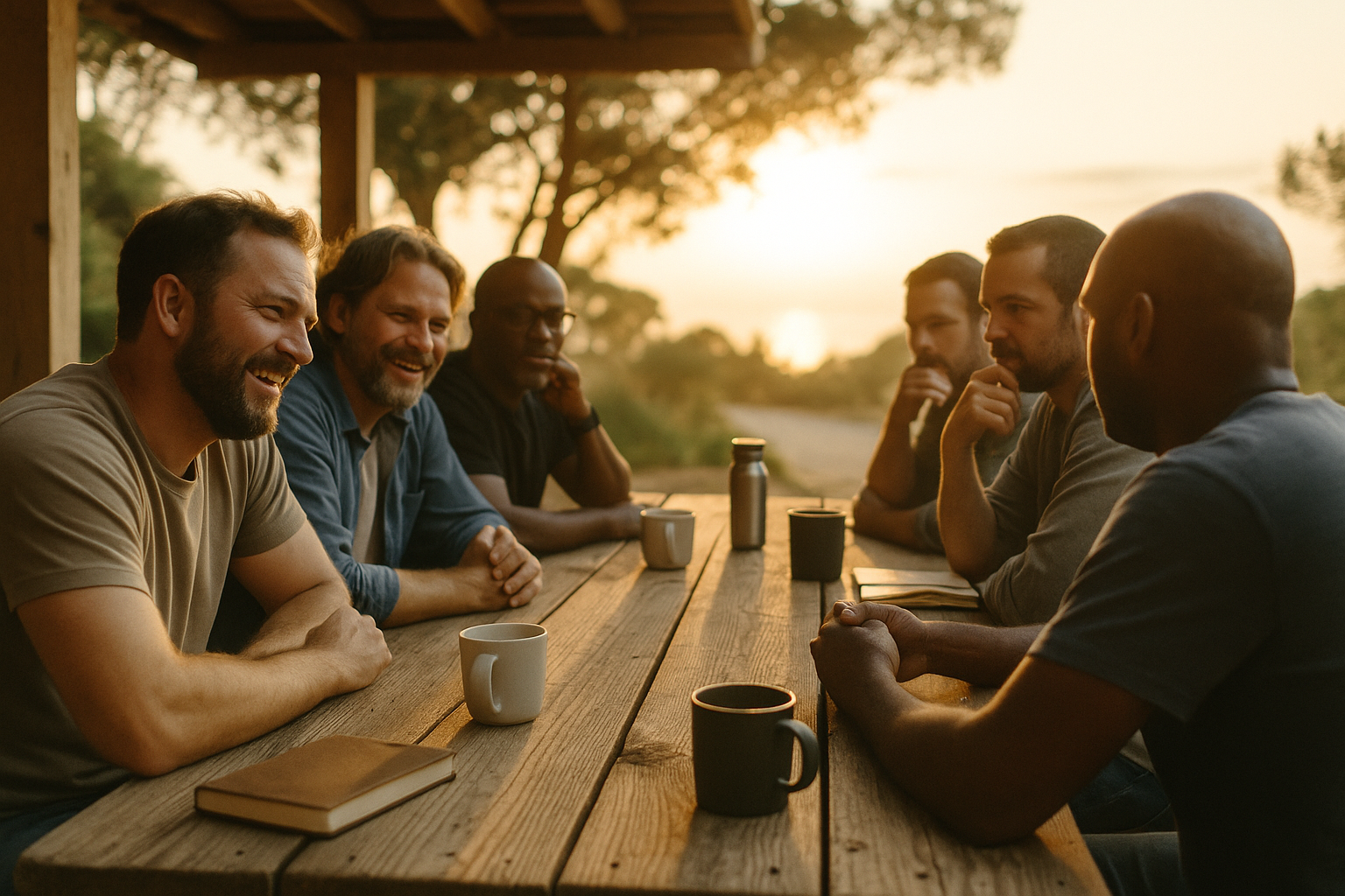 “A group of middle-aged men seated at a long wooden table outdoors during a coastal retreat, engaged in meaningful conversation at golden hour.”