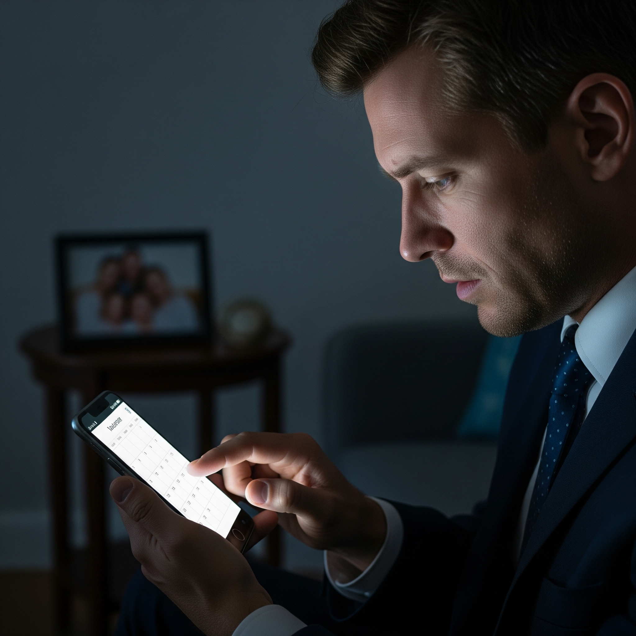 High-income man checking packed calendar, revealing emotional disconnect.